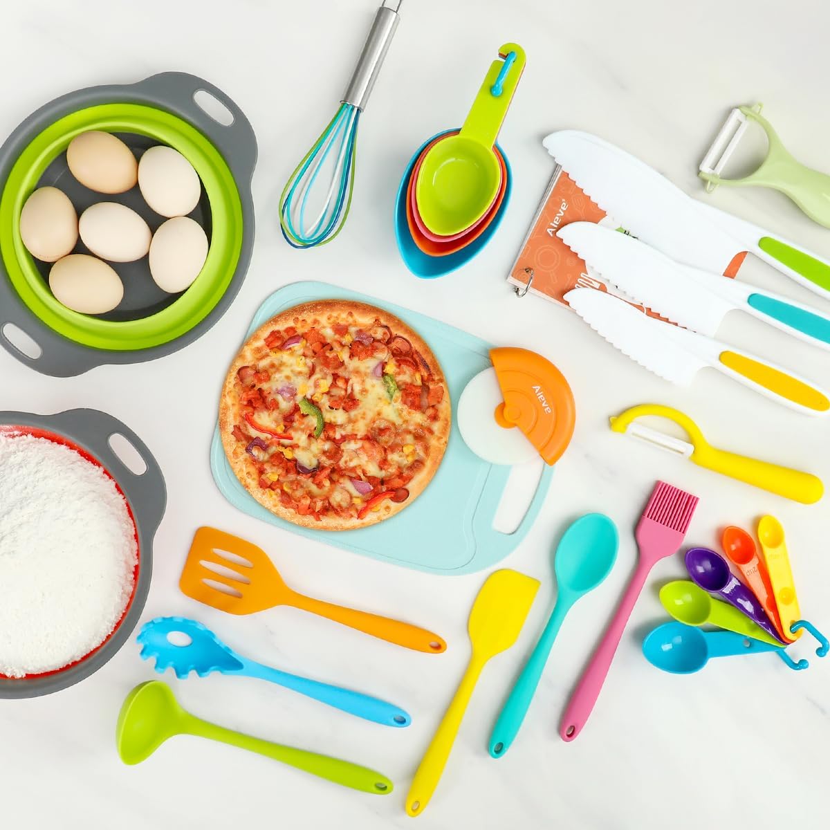 Complete Culinary Experience: Unleash creativity with our kids cooking utensils(28 pack), including a chef’s hat, apron, potato masher, pizza cutter, knife, tiny whisk, peeler, offset spatula, silicone spoon and collapsible mixing bowls for convenient storage and more.