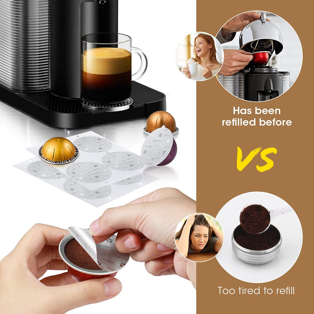  Aieve Reusable Vertuo Capsule Kit Compatible with Nespresso  Pods Vertuo Include 80 pcs Aluminum Foil Seals Lid, Pod Holder, Coffee  Spoon and Lid Opener: Home & Kitchen